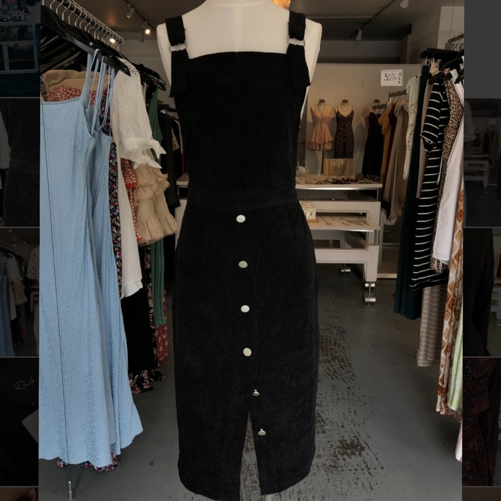 Black Corduroy Overall Button Down Dress